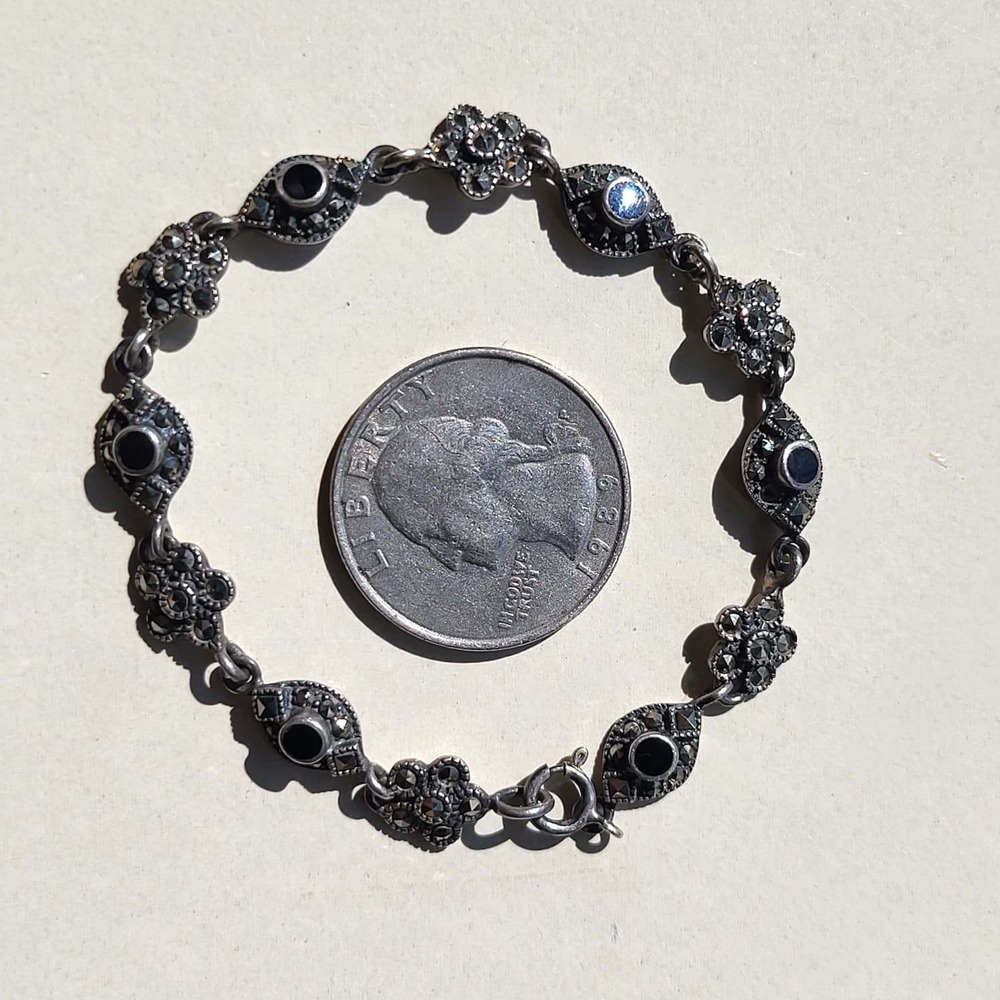 Vintage 925 Sterling Silver Black Onyx Marcasite Panel Link Bracelet Art Deco - Picture 6 of 10